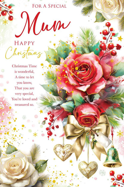 Kingfisher special Mum Christmas card with red roses, gold bow and holly