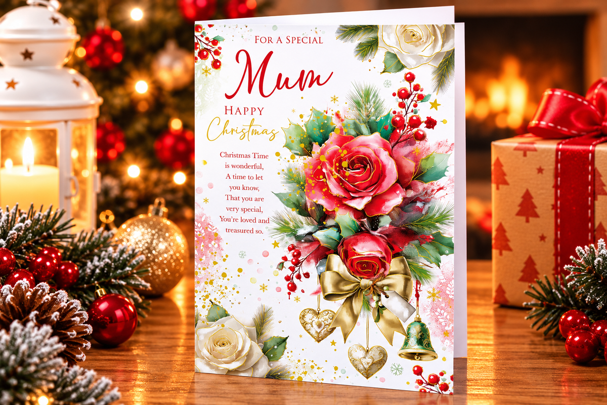 Mum Christmas greeting card displayed in cosy festive setting