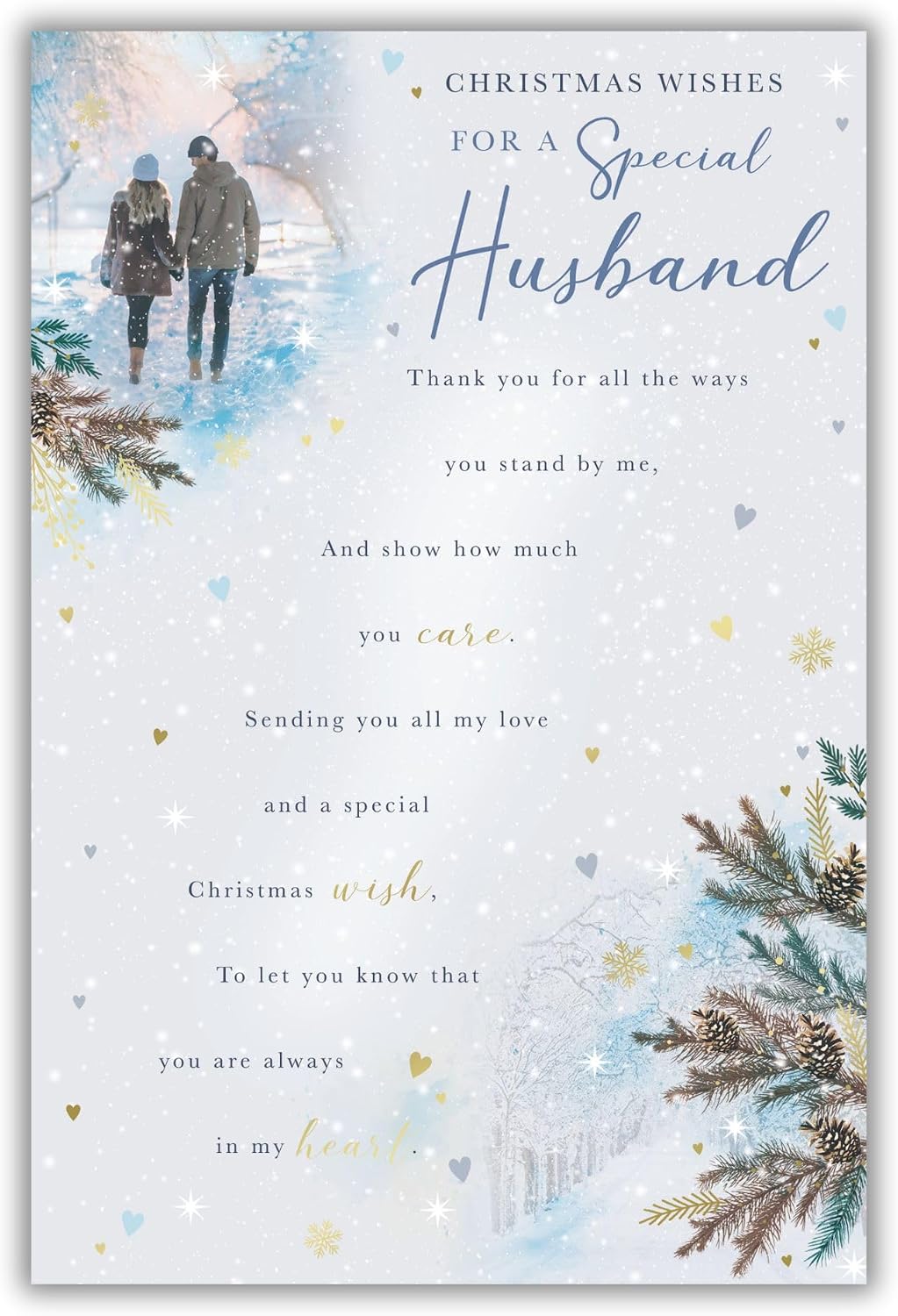 Kingfisher special Husband Christmas card with couple walking in snowy landscape