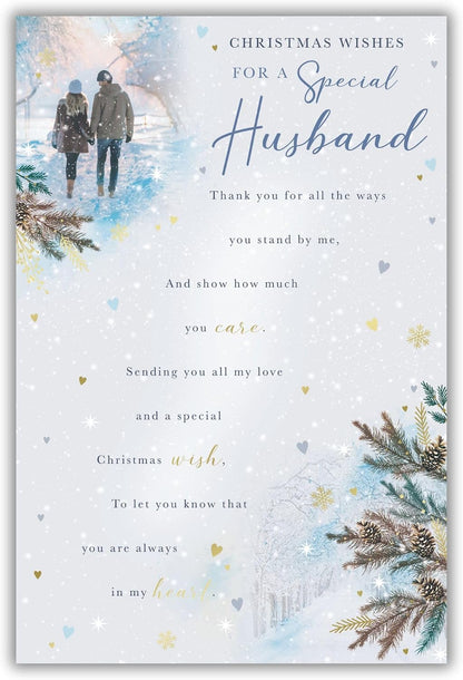 Kingfisher special Husband Christmas card with couple walking in snowy landscape