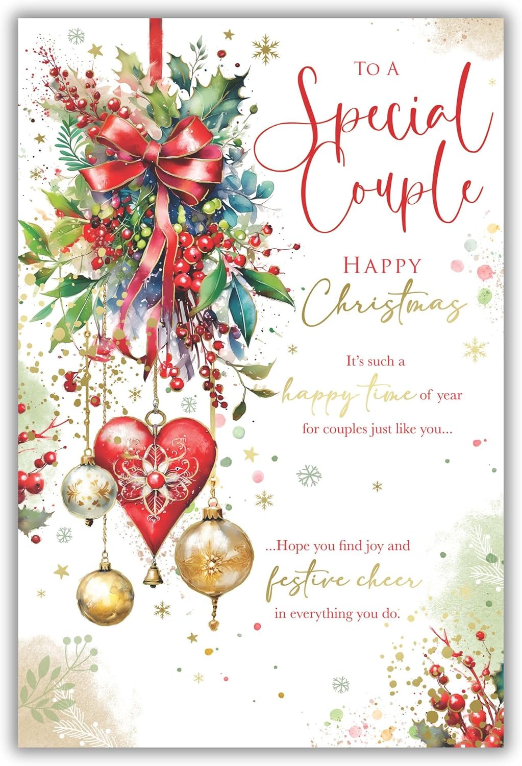 Kingfisher Special Couple Christmas card front with holly red bow and heart ornament