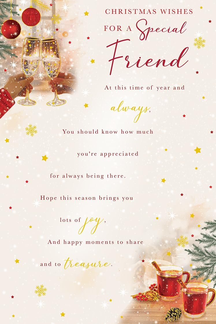 Front of Kingfisher Special Friend Christmas card with festive champagne and warm drinks
