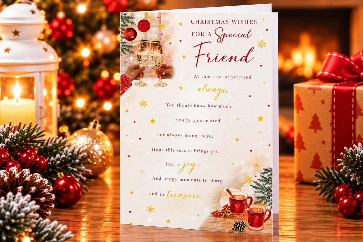 Kingfisher Special Friend Christmas card displayed beside Christmas decorations