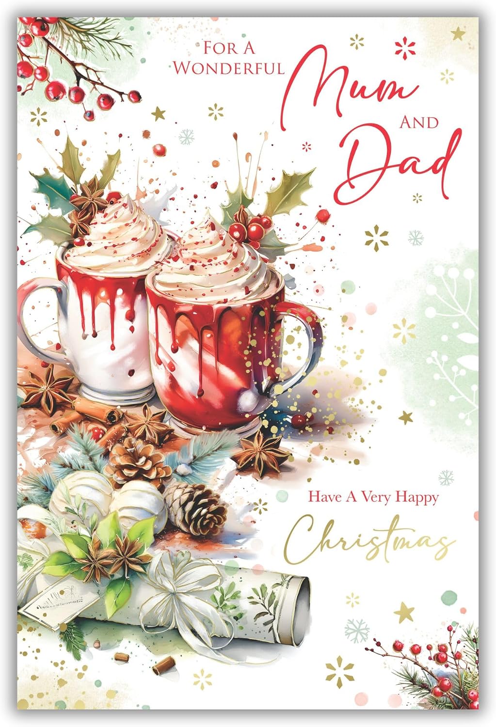 Front of Kingfisher wonderful Mum and Dad Christmas card with two festive hot chocolates