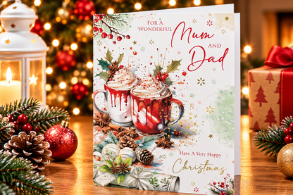 Mum and Dad Christmas greeting card displayed in a cosy festive setting