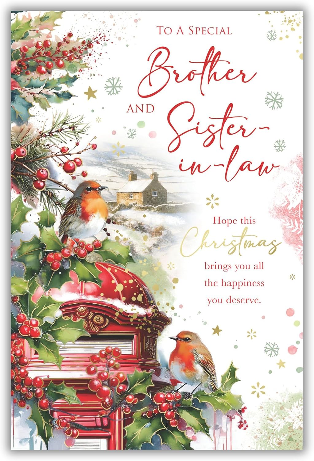 Front of Kingfisher Christmas card for Brother and Sister-in-law featuring robins holly and red postbox