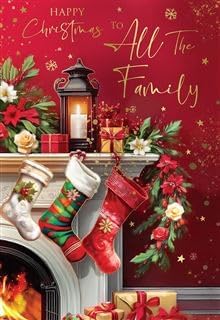 Kingfisher All the Family Christmas card front fireplace and stockings