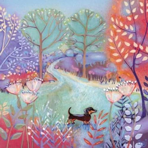 This Blank Greeting Card - Woodland Path with Dachshund Dog by Artist Penny Gaj is a priced at £ 2.99 from Made To Be Treasured range. Produced by Art Eco for excellent quality