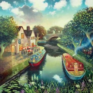 ArtEco Designs Birthday/Blank Card  - Canal Boats on River - Eco-Friendly