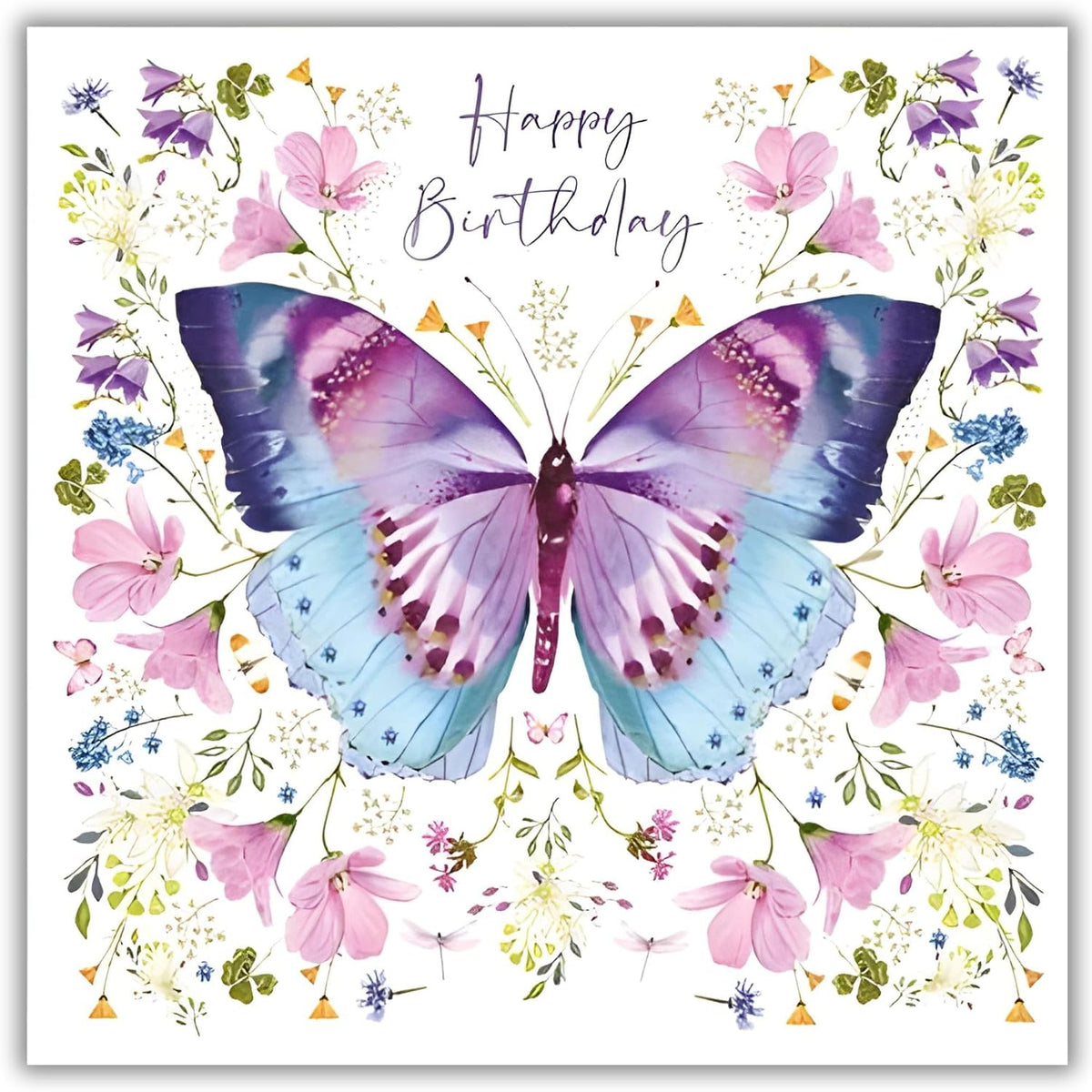 Front of Nigel Quiney Happy Birthday greeting card with purple and blue butterfly and pastel flowers