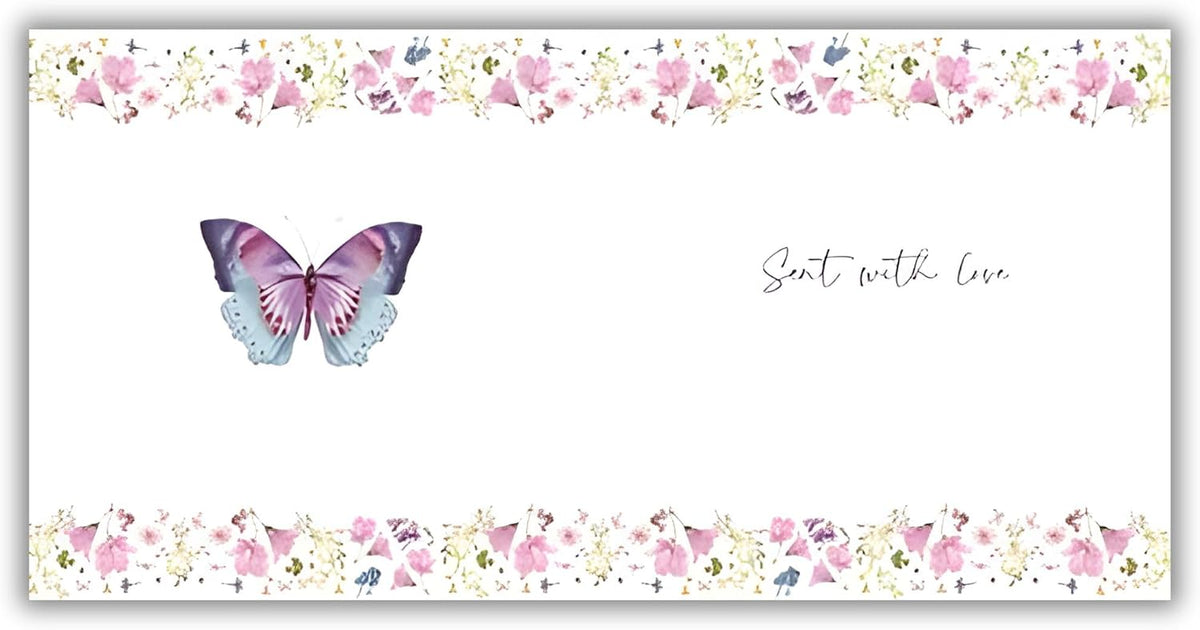 Inside of butterfly birthday card showing Sent with Love message and floral border