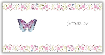 Inside of butterfly birthday card showing Sent with Love message and floral border