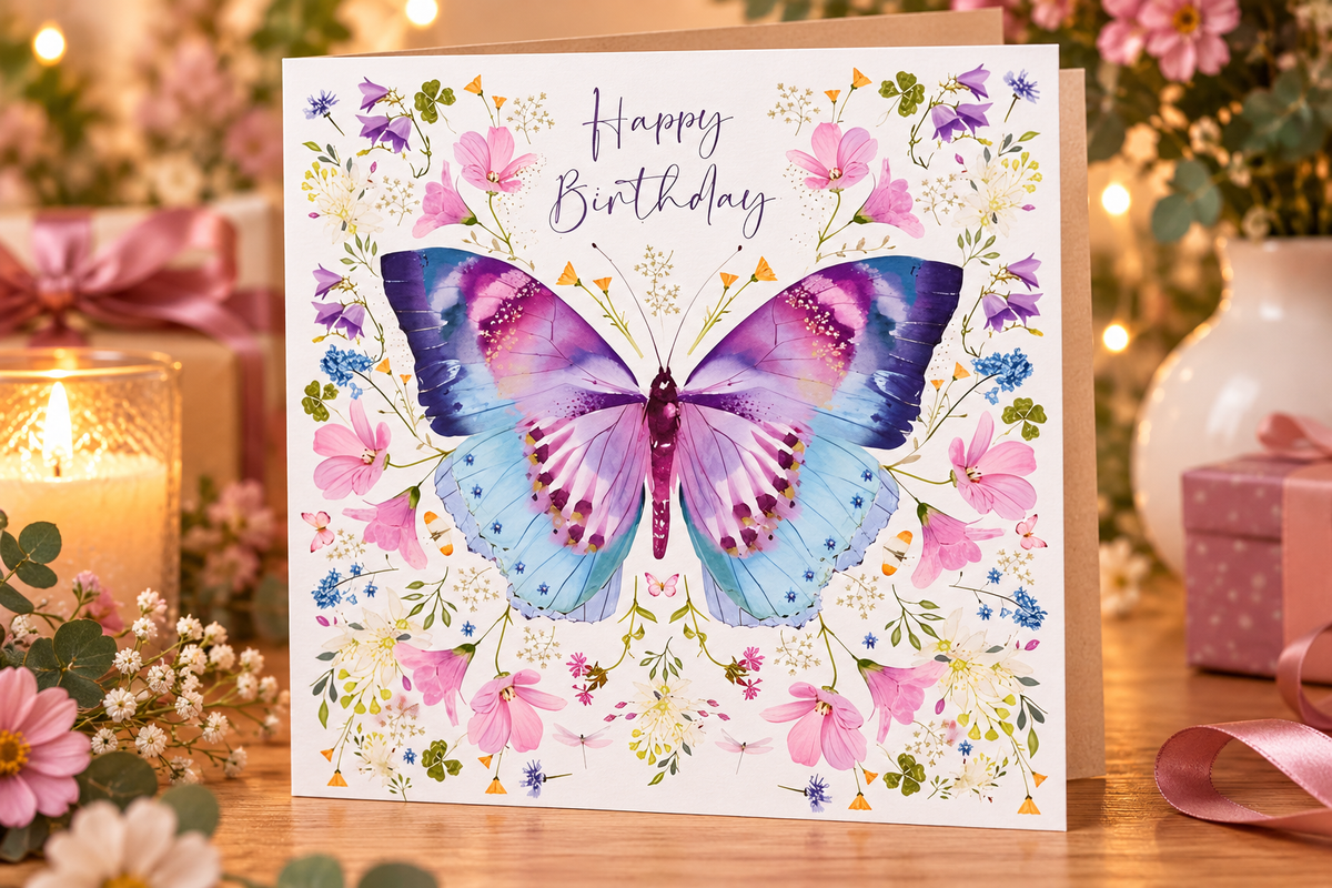 Nigel Quiney butterfly birthday card displayed with gifts and flowers