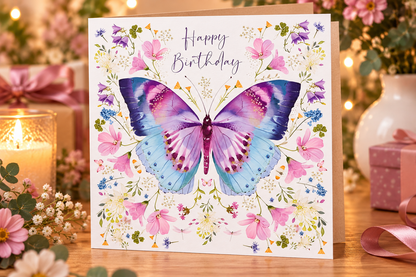 Nigel Quiney butterfly birthday card displayed with gifts and flowers