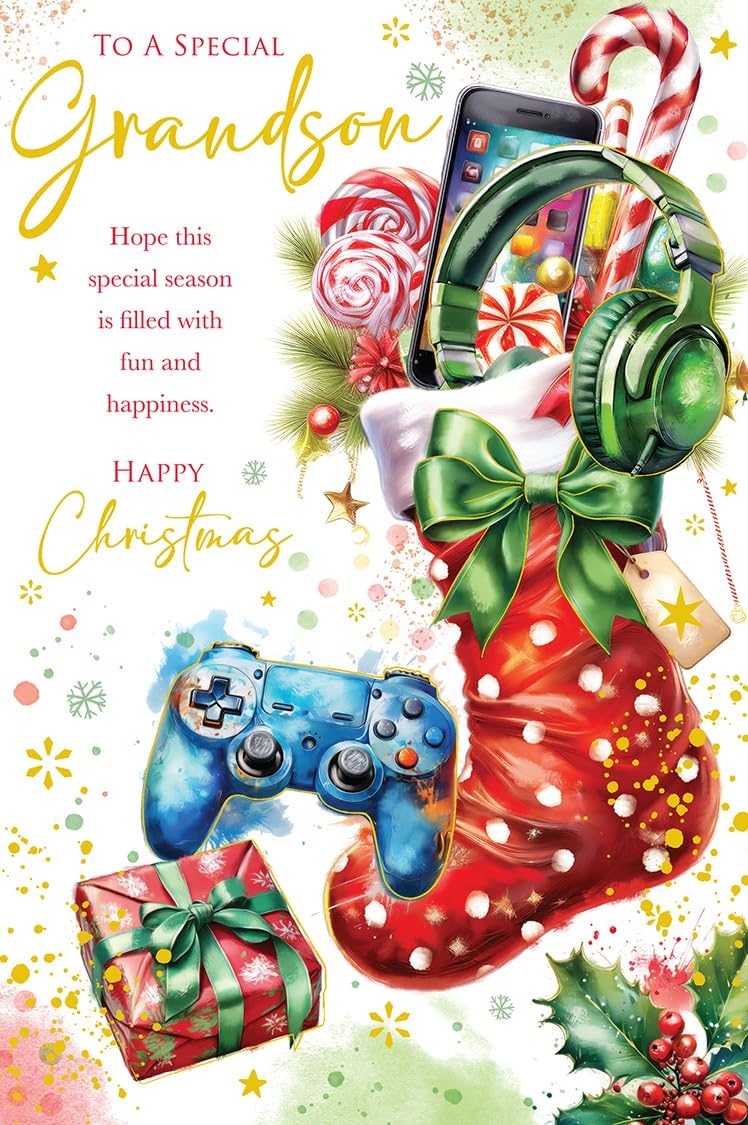 Kingfisher Special Grandson Christmas card front with gaming controller and festive stocking