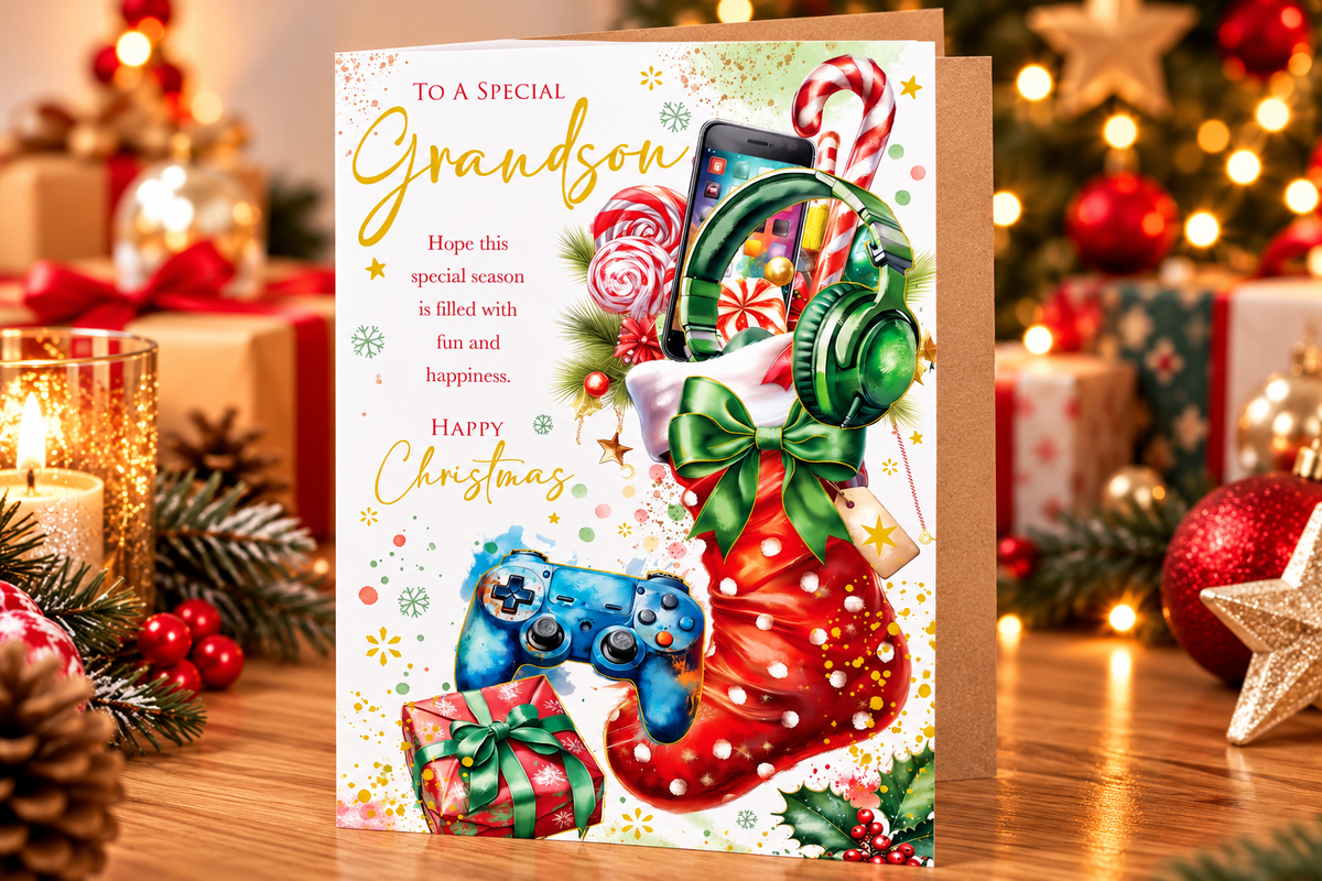 Special Grandson Christmas card displayed on a festive table with gifts and lights