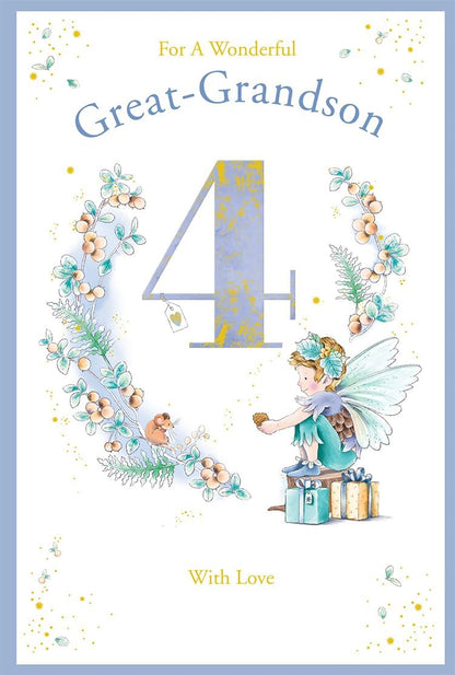 Kingfisher great-grandson 4th birthday card front with blue number 4 fairy and gifts
