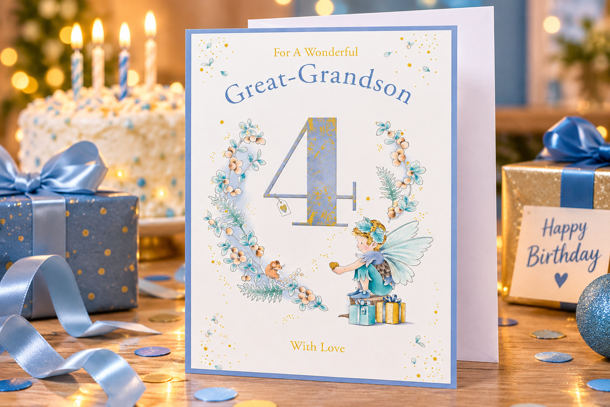 Great-grandson fourth birthday card styled with birthday cake and presents