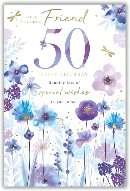 Kingfisher 50th birthday card for a special friend with purple and blue floral design