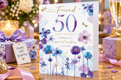 Special friend 50th birthday card by Kingfisher displayed with birthday gifts
