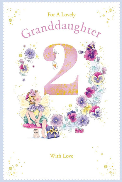 Front of Kingfisher granddaughter 2nd birthday card with pink number two, fairy and flowers