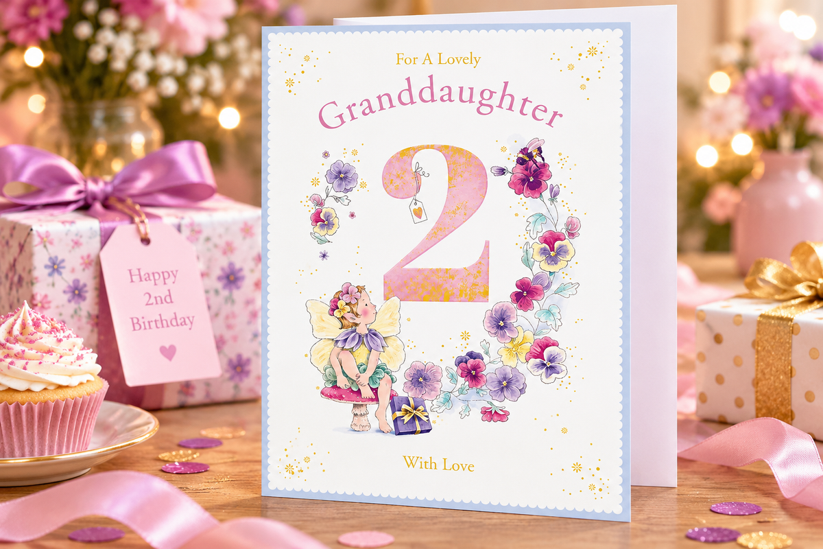 Kingfisher granddaughter 2nd birthday card on table with pink gifts and cupcake