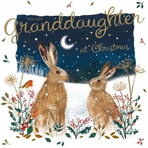 Front of Granddaughter Christmas card with two hares under a moonlit winter sky by Otter House