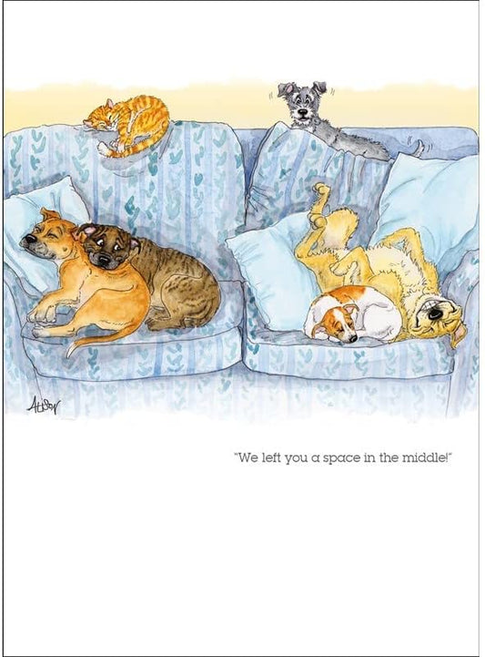 Alison's Animals Illustrated Male/Female Humorous Blank Greeting Card from Splimple - Dogs and Cats, We Left You a Space