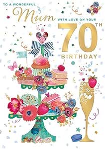 This 70th Birthday Card for Mum - Elegant Cake Stand Design with Gold Foil Detail is a Birthday Card priced at £ 3.20 from Made To Be Treasured range. Produced by Words & Wishes for excellent quality