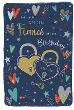 Load image into Gallery viewer, Special Fiance Birthday Card - Love Heart Padlocks and Key Embossed with a Foil Finish
