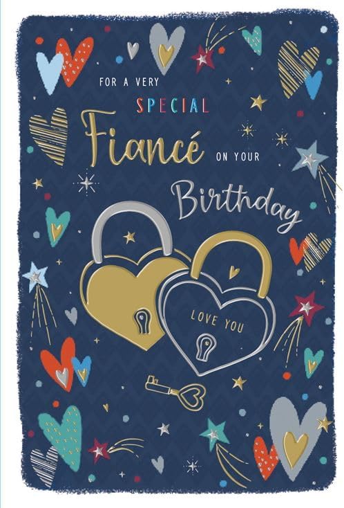 Special Fiance Birthday Card - Love Heart Padlocks and Key Embossed with a Foil Finish