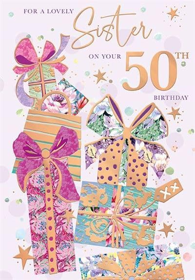 This Sister 50th Birthday Card - Rose Gold Foil Finish with Presents Design is a Greeting Card priced at £ 3.49 from Made To Be Treasured range. Produced by Words 'n' Wishes for excellent quality