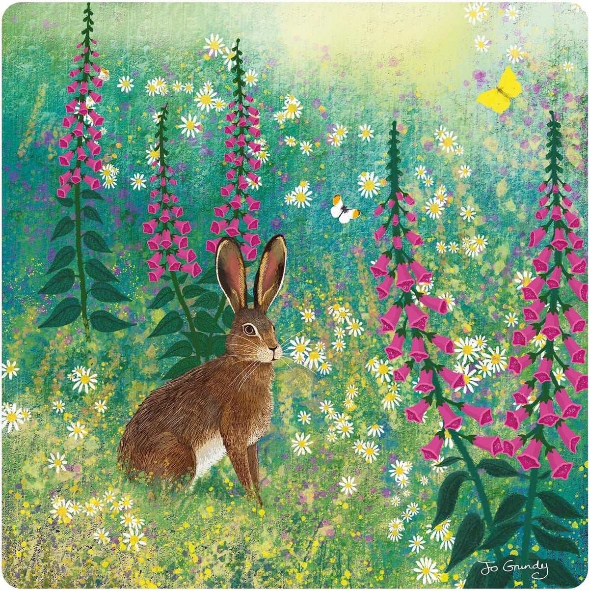 Jo Grundy brown hare among pink foxgloves and white daisies greeting card front