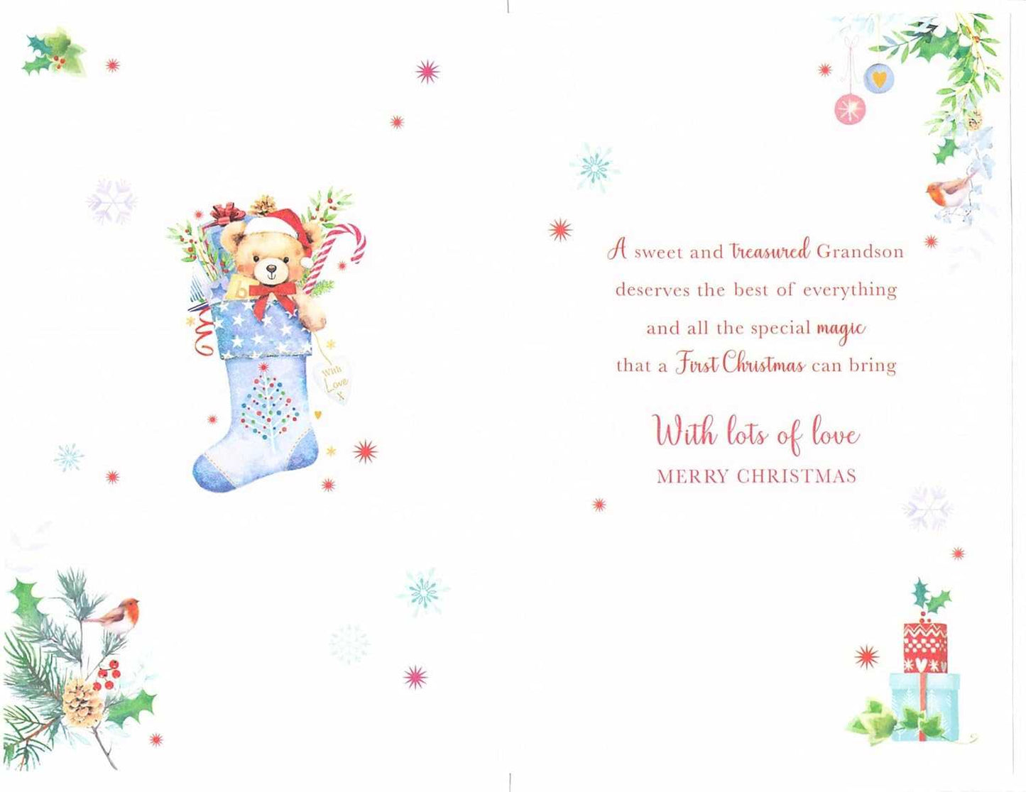 Grandson First Christmas Card – Teddy in Blue Stocking Greeting Card Nigel Quinney Made To Be Treasured