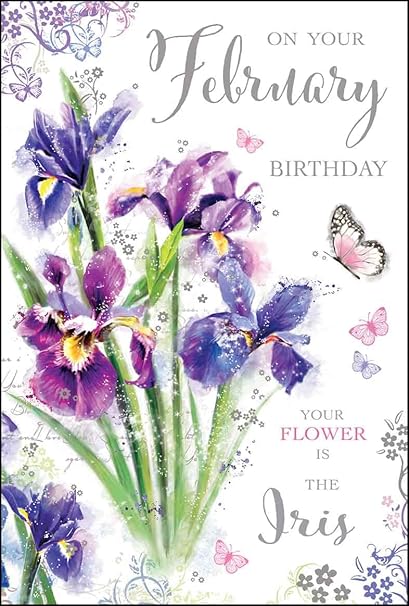 This Jonny Javelin February Birthday Card - Iris Butterflies Artistic Female Birthday Card with Foil Flitter and Embossed Finish is a Greeting Card priced at £ 3.49 from Made To Be Treasured range. Produced by Jonny Javelin for excellent quality