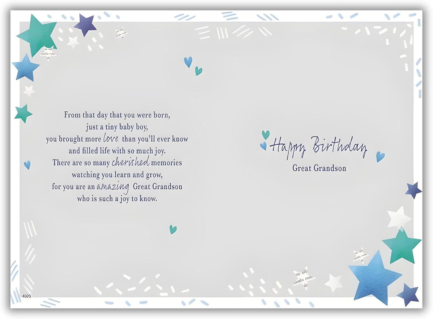 IC&G Great Grandson birthday card inside message reading heartfelt verse about bringing love and joy since birth, cherished memories, and "Happy Birthday Great Grandson" with decorative stars and hearts
