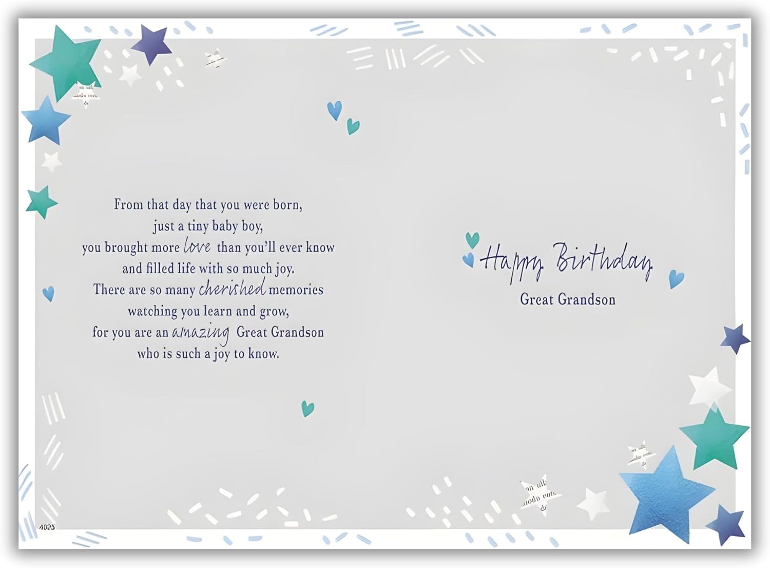 IC&G Great Grandson birthday card inside message reading heartfelt verse about bringing love and joy since birth, cherished memories, and "Happy Birthday Great Grandson" with decorative stars and hearts
