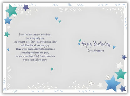 IC&G Great Grandson birthday card inside message reading heartfelt verse about bringing love and joy since birth, cherished memories, and "Happy Birthday Great Grandson" with decorative stars and hearts
