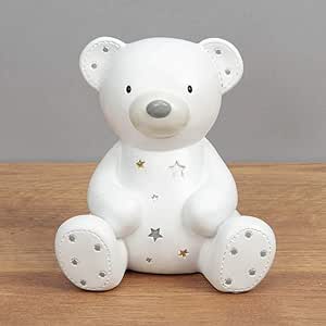 Bambino White Resin Money Box - Teddy Bear with Gold & Silver Stars