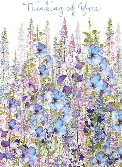 This Thinking of You Card – Purple & Blue Floral Meadow Design – Sympathy/Condolence – Nigel Quinney – SKU 17B-21 is a Greeting Card priced at £ 3.25 from Made To Be Treasured range. Produced by Nigel Quinney for excellent quality