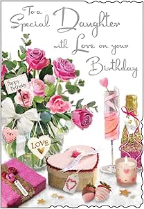 Daughter Birthday Card - Pink Roses Presents Candle