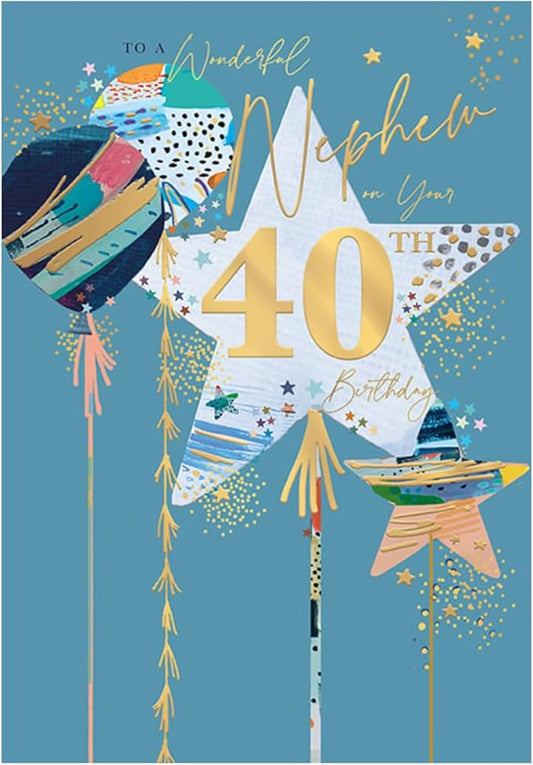 This Nephew 40th Birthday Card – Gold Foil Balloons & Green is a Greeting Card priced at £ 3.49 from Made To Be Treasured range. Produced by Words n Wishes for excellent quality