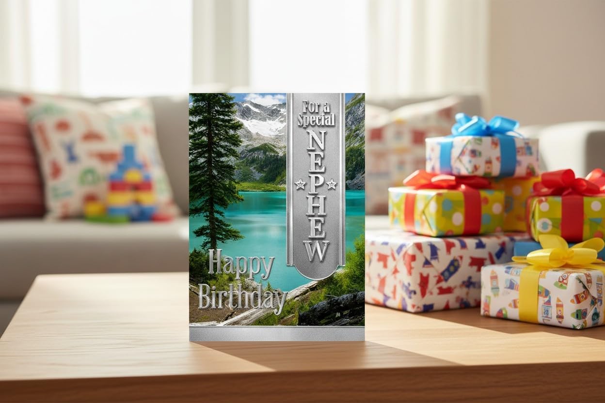 Special Nephew Birthday Card – Scenic Lake & Mountain Design