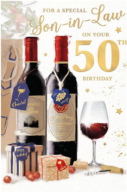 This Son-in-Law 50th Birthday Card - Two Red Wine Bottles Glass and Presents Design Multi-Coloured is a Greeting Card priced at £ 3.49 from Made To Be Treasured range. Produced by Words 'n' Wishes for excellent quality