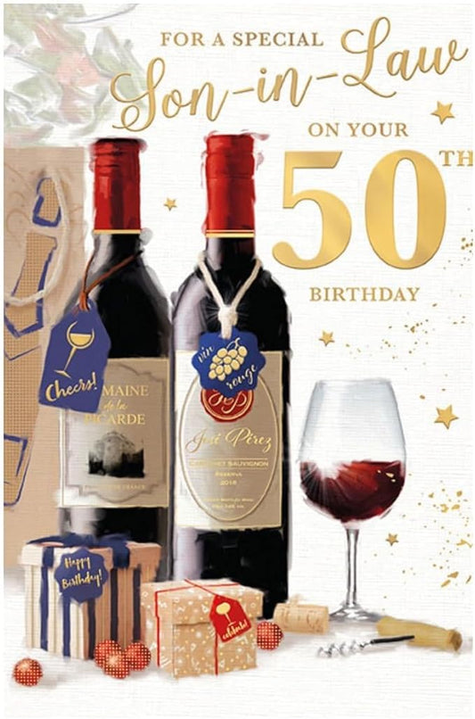This Son-in-Law 50th Birthday Card - Two Red Wine Bottles Glass and Presents Design Multi-Coloured is a Greeting Card priced at £ 3.49 from Made To Be Treasured range. Produced by Words 'n' Wishes for excellent quality