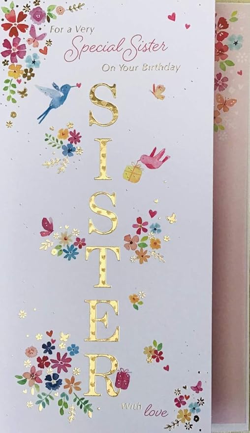 Words and Wishes Tall Birthday Greeting Card - Special Sister - Gold Foil Finish