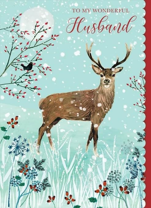 Otter House Husband Christmas card front featuring a stag in snowy woodland and To My Wonderful Husband message