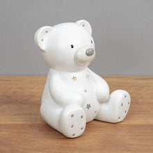 Load image into Gallery viewer, Bambino White Resin Money Box - Teddy Bear with Gold &amp; Silver Stars
