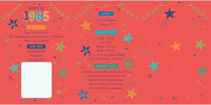 60th birthday card trifold panel displaying 1965 world population, popular names, hit songs, movies, technology and celebrities born in 1965
