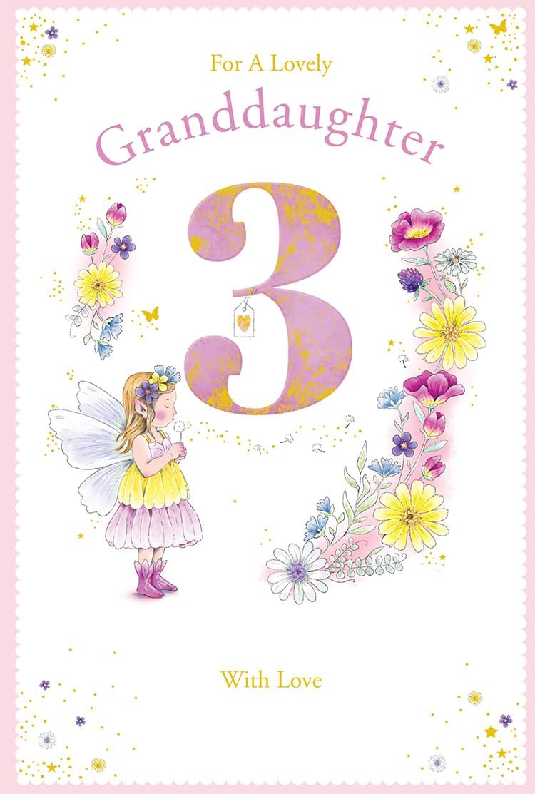 Front of Kingfisher granddaughter 3rd birthday card with fairy, flowers and pink number 3